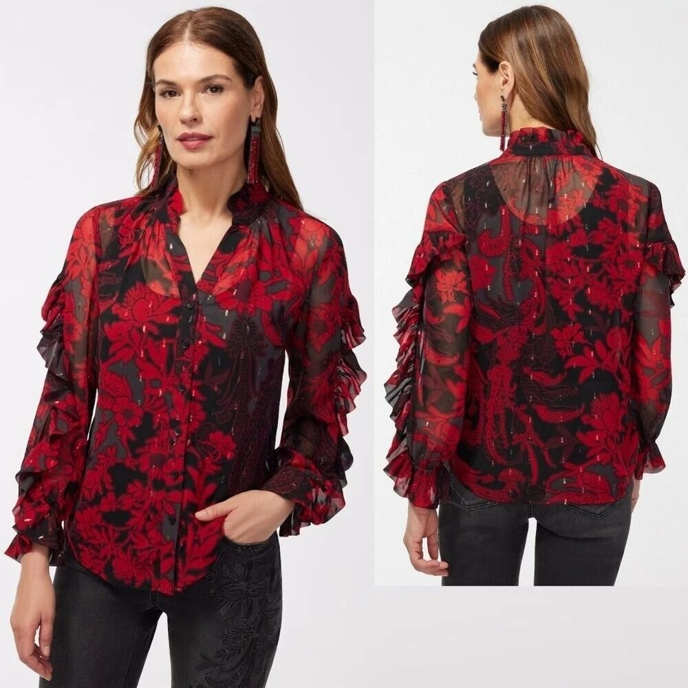 Chicos Red Black Floral Paisley Ruffle Sleeve Metallic Button Down Blouse Sz 3